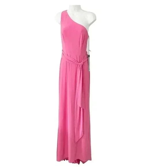 NWT Mac Duggal Jersey One Shoulder Belted Trumpet Gown Candy Pink size 6 - Picture 10 of 10